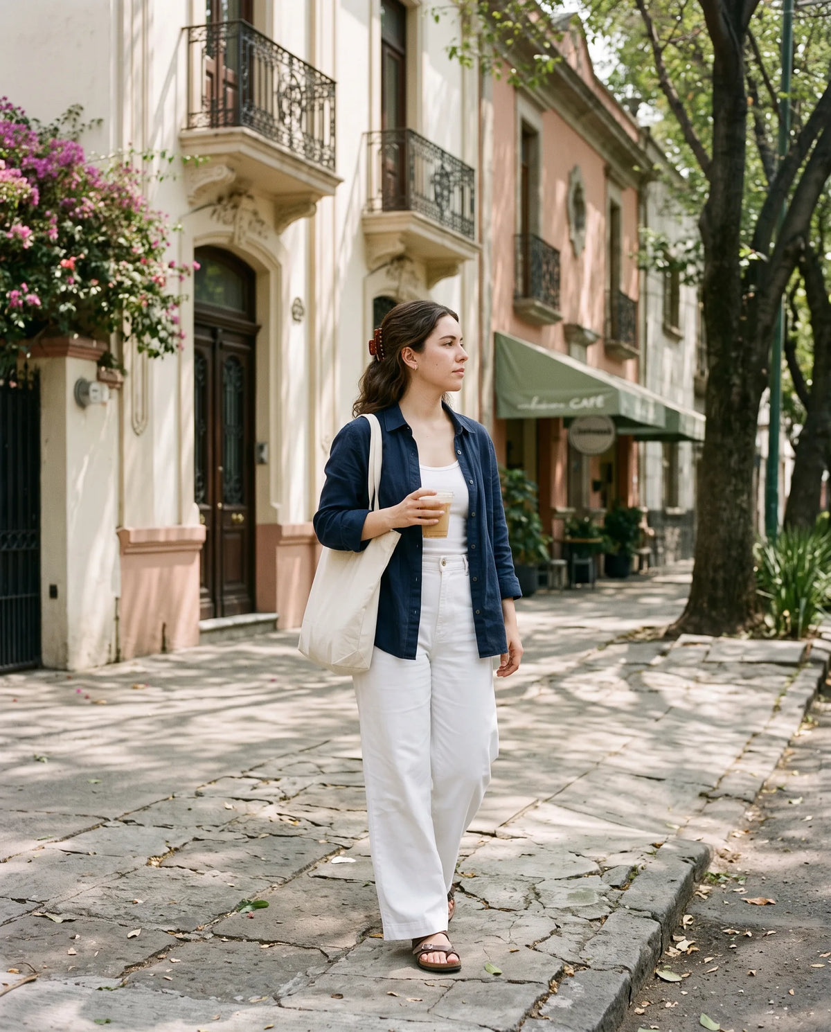 Mujer caminando por una calle de la Colonia Roma con un café frío — perfumes para mujer de uso diario