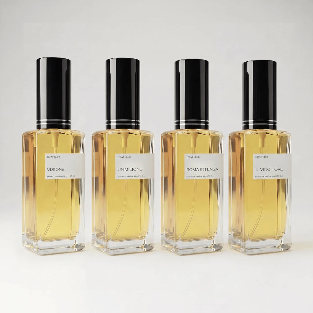Arsenal GOAT: cuatro perfumes de 30 ml a elegir, alineados sobre fondo blanco