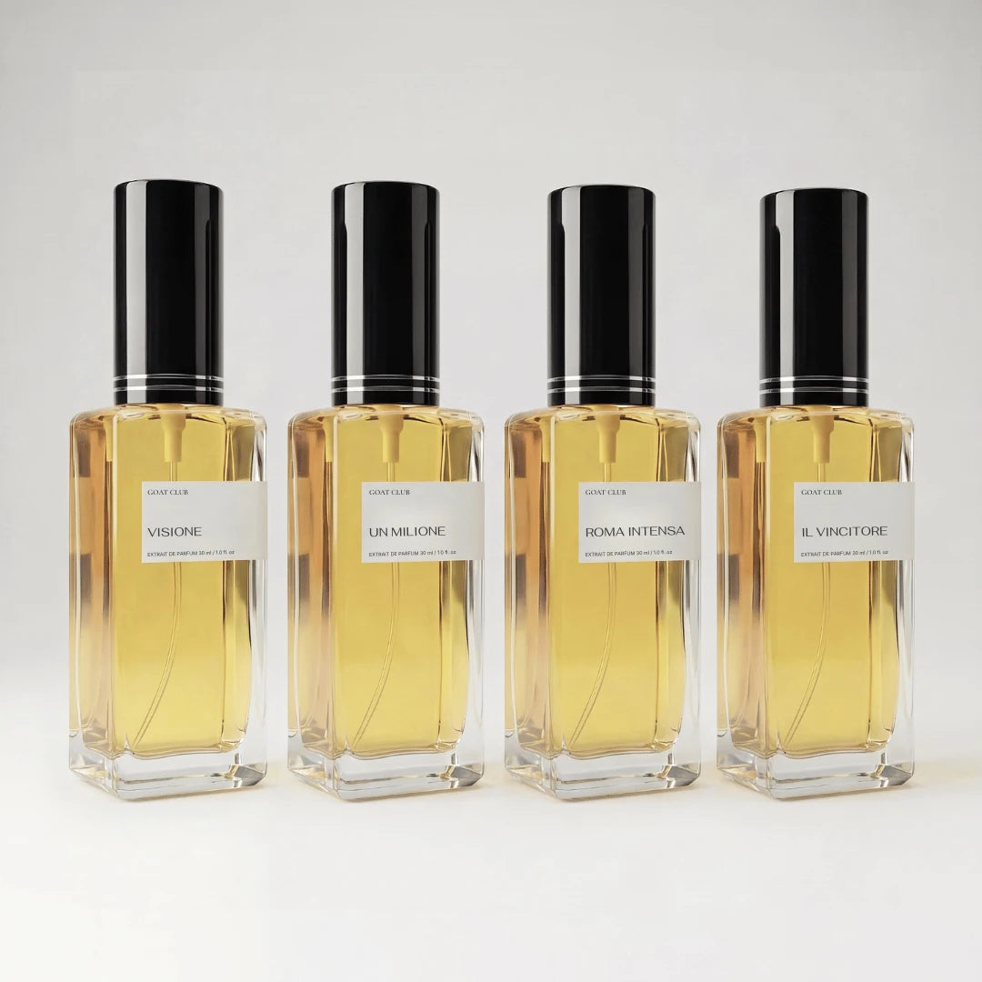 Arsenal GOAT: cuatro perfumes de 30 ml a elegir, alineados sobre fondo blanco