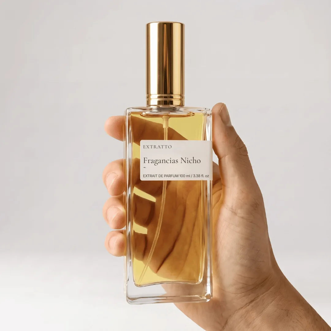 Frasco Extratto de 100 ml con tapa dorada sostenido en la mano — Etereo