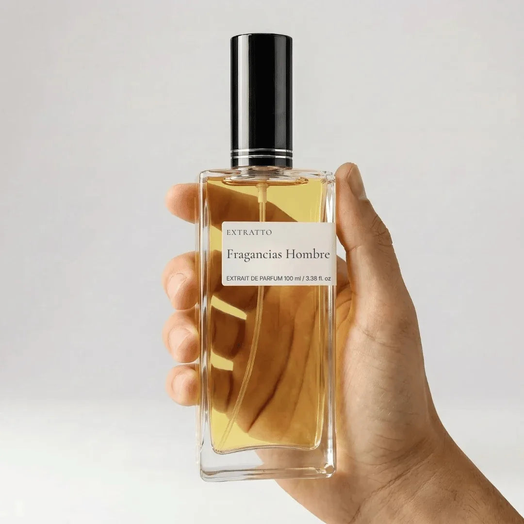 Frasco Extratto de 100 ml con tapa negra sostenido en la mano — Malinconico