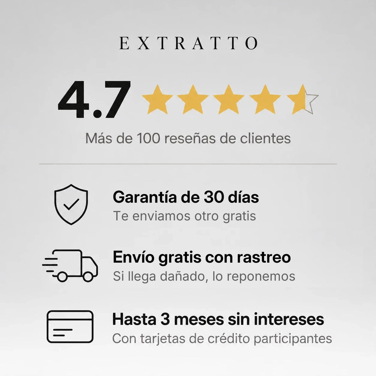 Calificación 4.7, garantía de 30 días, envío gratis con rastreo y hasta 3 meses sin intereses